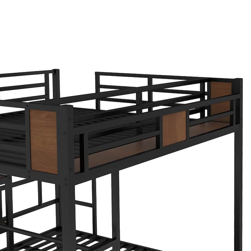 Queen Over Twin Bunk Bed with Storage Area Shelves Hangers Noise Reduced Black