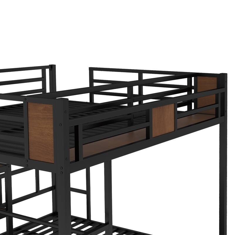 Queen-over-Twin Metal Bunk Bed with Upper Storage Area, Lower Shelves and Hangers