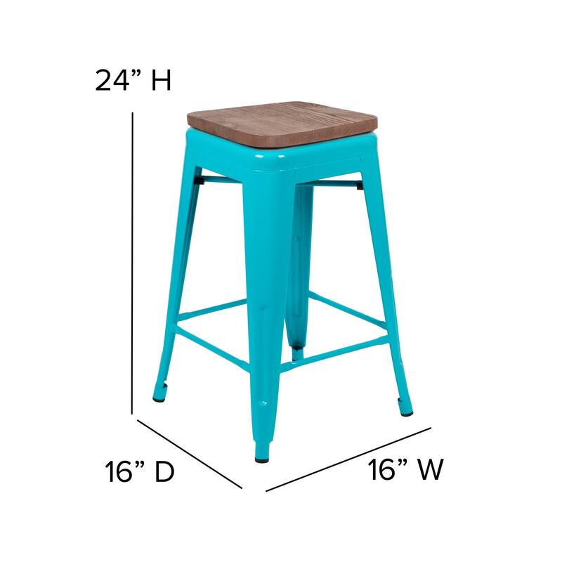 4 Pack 24" High Metal Indoor Counter Bar Stool with Wood Seat - Stackable Stool