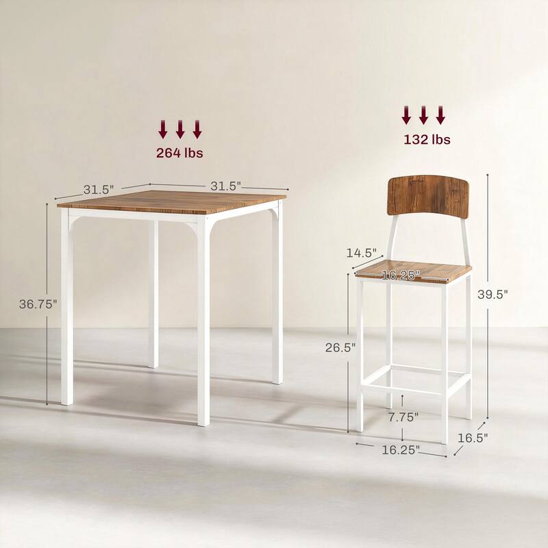 HOMCOM 3 PCs Modern Counter Height Dining Table Set with 2 Matching Stools Foorest Steel Legs