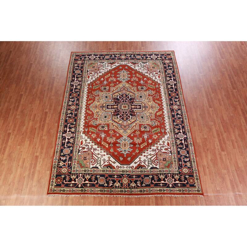 Hand Knotted Oriental 100% Wool Carpet Traditional Medallion Oranges & Rust Heriz (serapi) Area Rug - 11' 9'' X 8' 10''