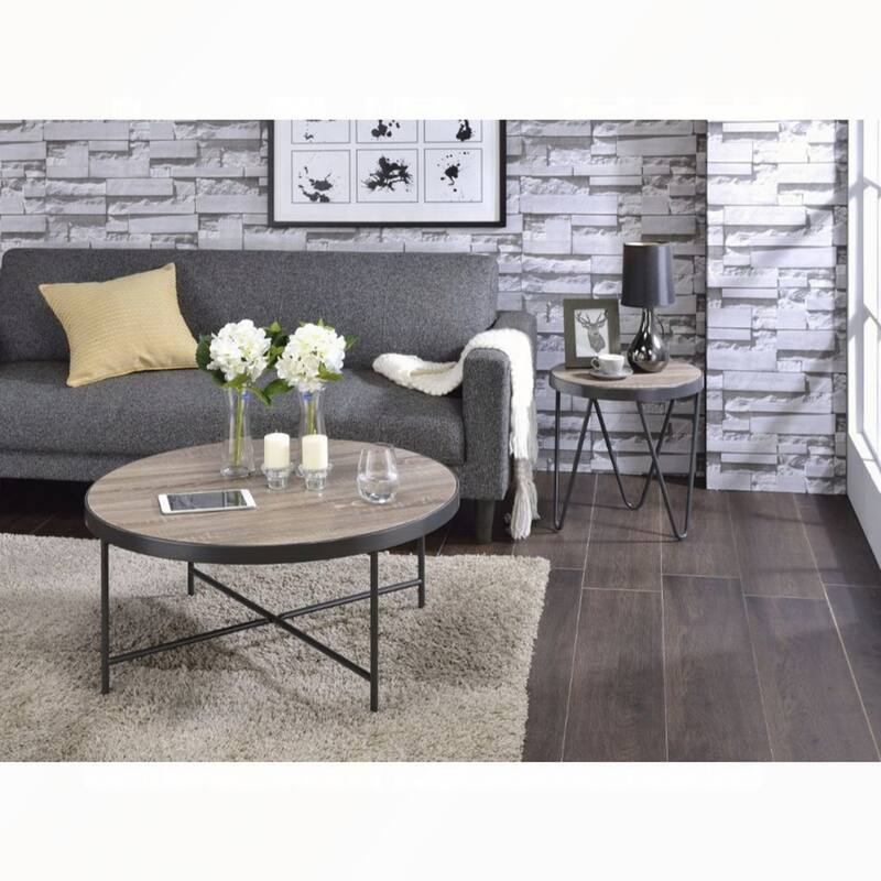 Industrial Style Round Coffee Table with Metal Support - Gray and Oak - Wood