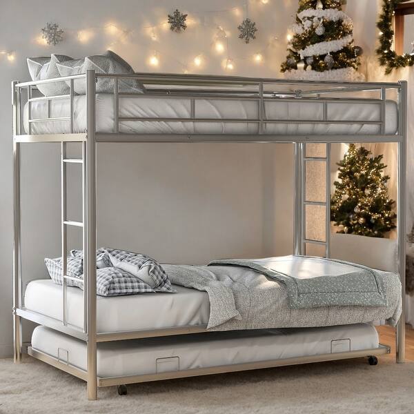 slide 2 of 15, Modern Twin Over Twin Bunk Bed With Trundle,Two Ladders,Durable Metal Frame, Silver