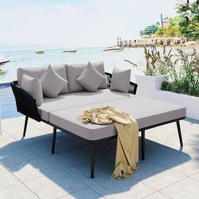 Outdoor Patio Daybed with Woven Rope Backrest, Washable Cushions