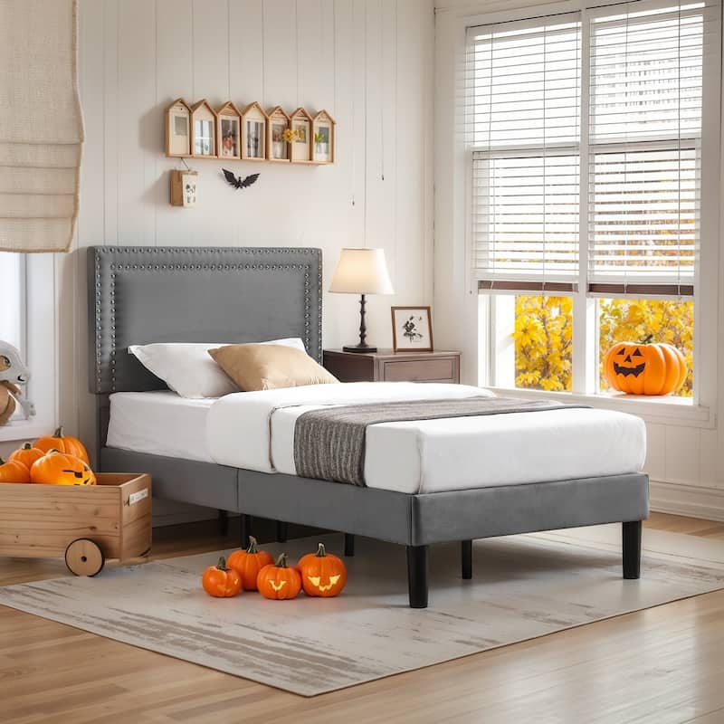VECELO Twin Size Kids Beds Set of 2 Adjustable Headboard Soft Upholstered Headboard with Rivet Detail 8" Underbed Storage