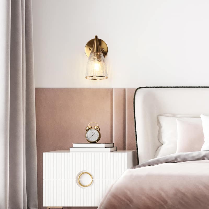 Modern Gold 1-Light Glass Wall Sconces Vanity Light for Bedroom Powder Room Mirror - Electroplated Brass - L8.7"xW4.7"xH6.3"