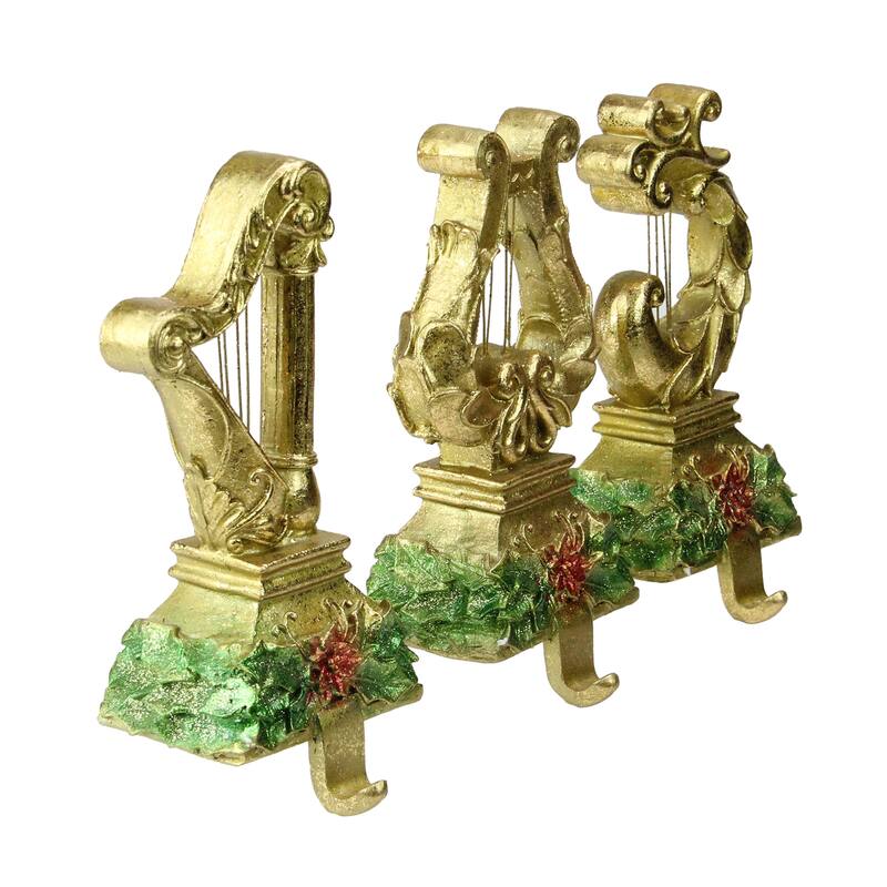 3 Gold Harp Musical Instruments Glitter Christmas Stocking Holders 8"