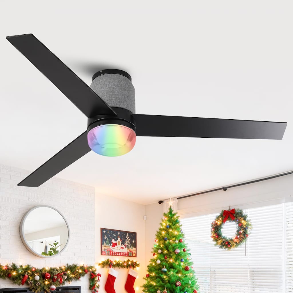 52" Modern Black Flush Mount LED Smart Ceiling Fan with RGB Light and Remote, App Control