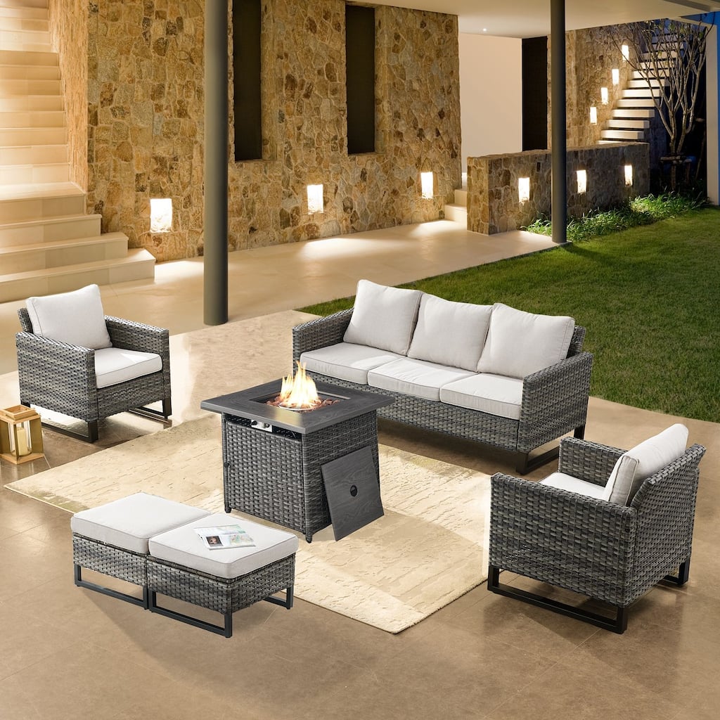 Pati Sofa with Fire Pit Table and Club Chairs