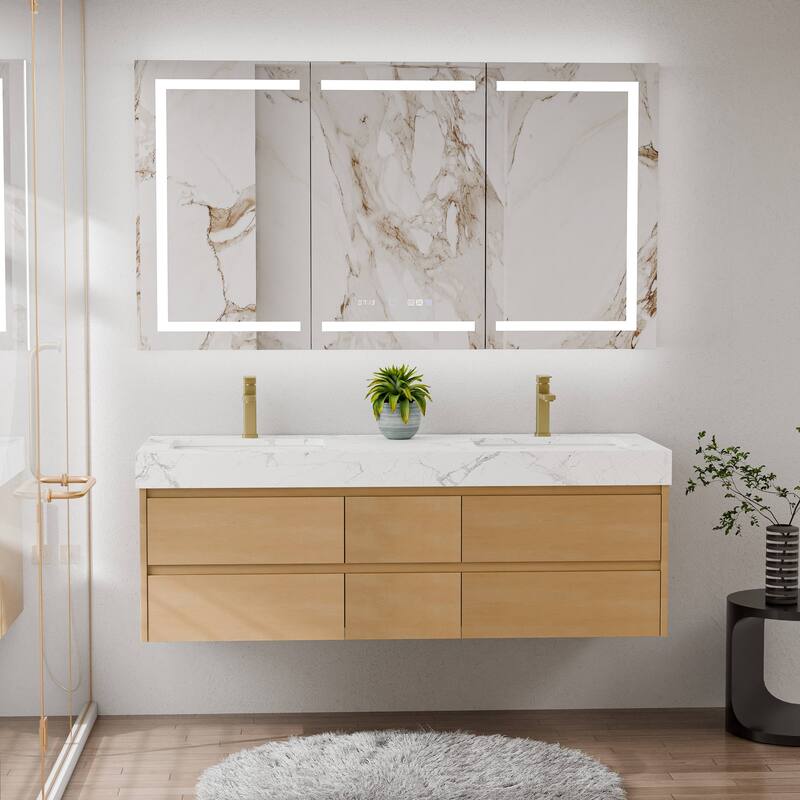 Modland 60" Floating Bathroom Vanity, Modern Maple Wood Wall Mounted Vanity with Marble Countertop,6 Soft-Close Drawers