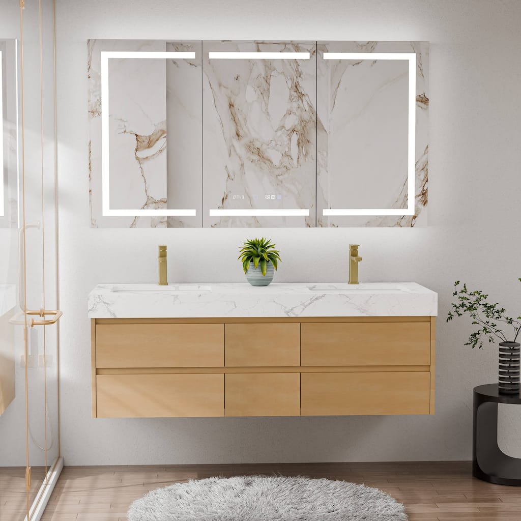 Modland 60" Floating Bathroom Vanity, Modern Maple Wood Wall Mounted Vanity with Marble Countertop,6 Soft-Close Drawers