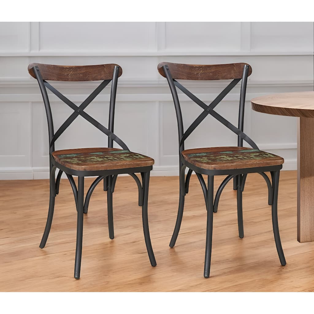 HomeRoots Set of Two Brown And Black Metal And Wood Cross Back Dining Side Chairs - 18' X '34' X '18
