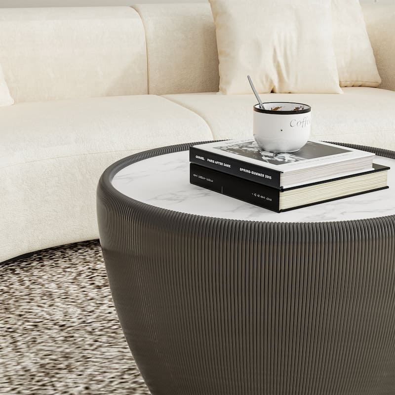 Modern Drum Coffee Table, Sintered Stone Coffee Table with PU Leather and Aluminum Alloy Base