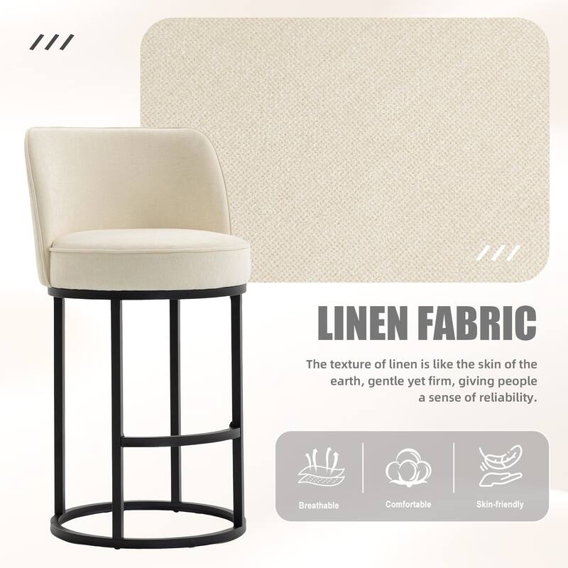 Counter Height Bar Stools Set of 2, Modern Barrel Counter Stools with Backrest, Linen Fabric Upholstered Accent Bar Stools