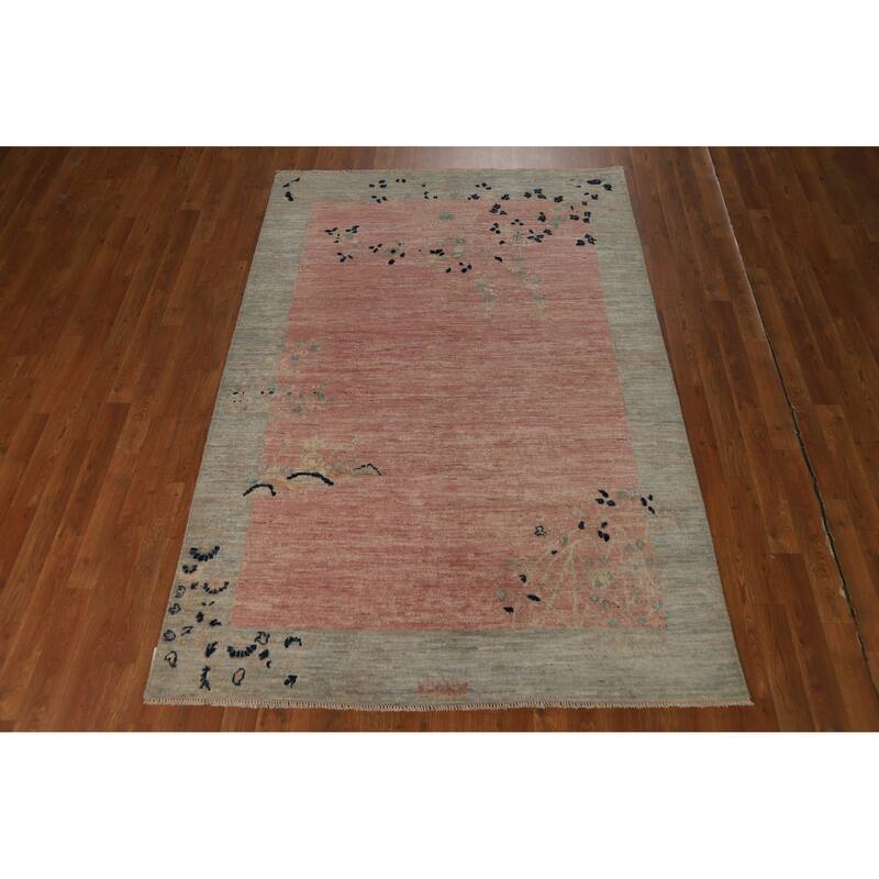 Vegetable Dye Pink Art Deco Turkish Rug Hand-Knotted Wool Carpet - 4'10" x 7'3"