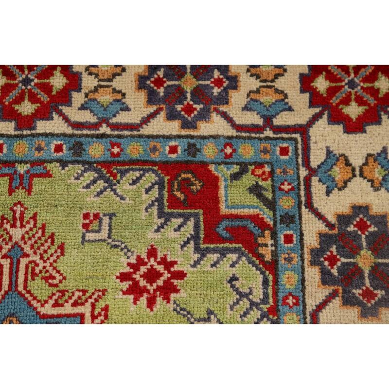 Pistachio Green Geometric Kazak Accent Rug Handmade Wool Carpet - 3'3" x 4'11"