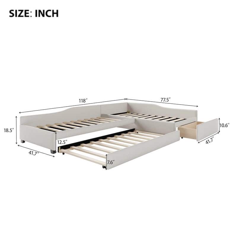 Linen Upholstered Double Twin Size Daybed with Trundle and Drawer