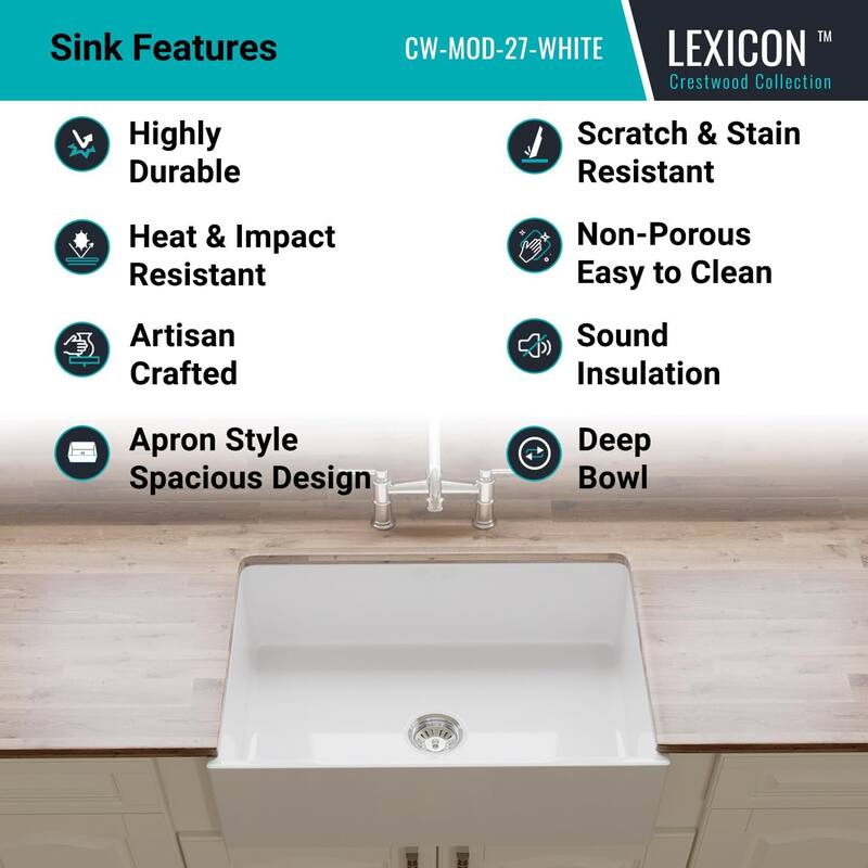 27"x19" Crestwood Farmhouse Sink, White Fireclay Kitchen sink, Single Bowl Apron Front, Plain Farm sink