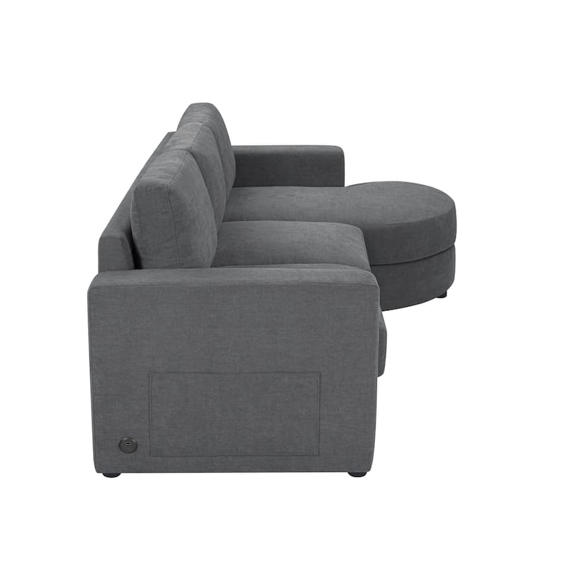 Modern L-Shaped Sofa with Curved Chaise, USB Charging Ports & Storage Pockets for Small Space