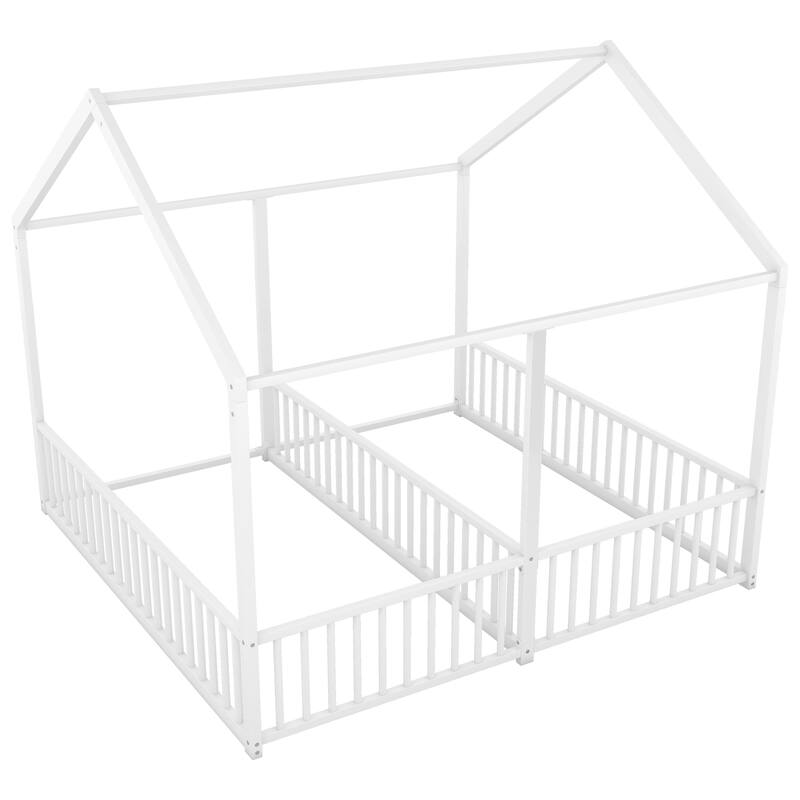 White Twin Size Metal House Platform Bed with Guardrails, Two Shared Beds