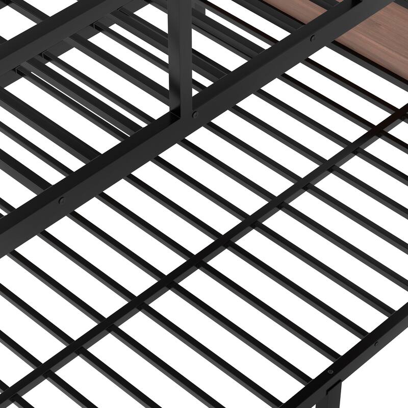 Metal Bedframe Queen Over Queen Bunk Bed with Storage Shelves and LED Light Strip, Space-saving & Noise-free Design