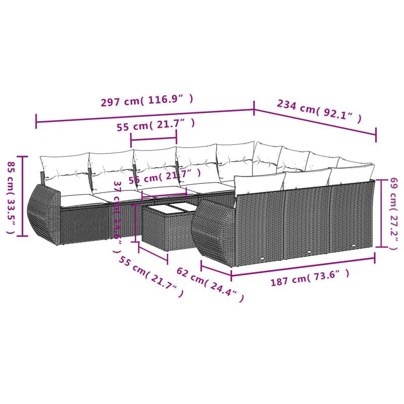 vidaXL 10 Piece Patio Sofa Set with Cushions Black Poly Rattan