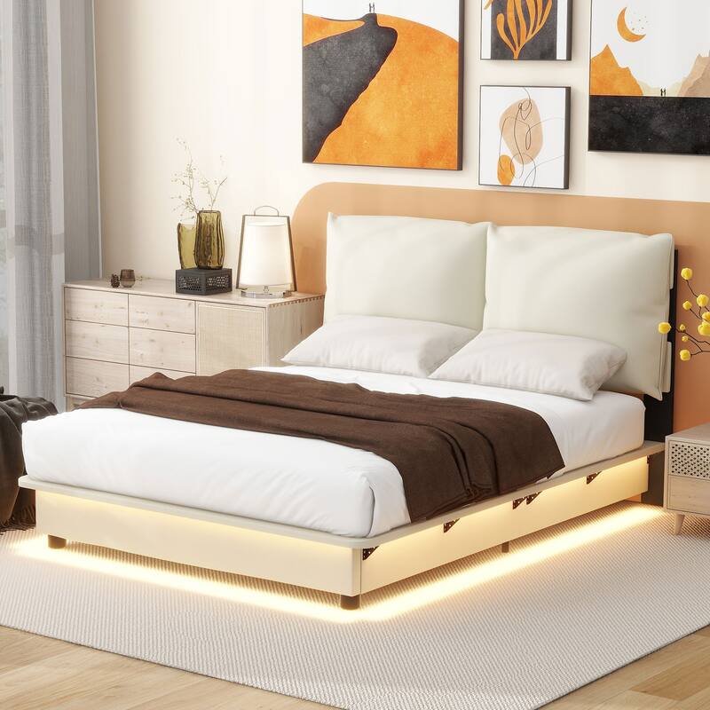 Full Size Upholstered Platform Bed with Sensor Light and Backrests - White
