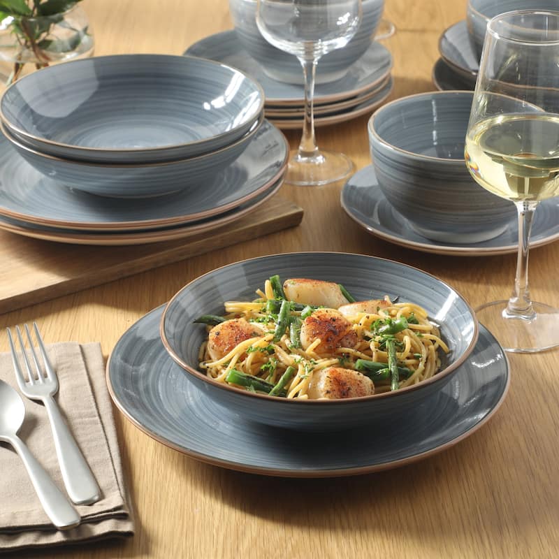 Gibson Home Stonebury 16 Piece Plates and Bowls - Handpainted Stoneware Dinnerware Set - Service for 4