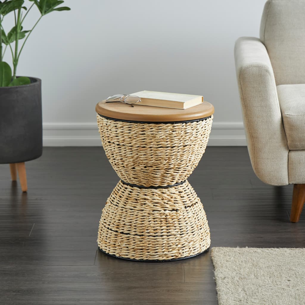 Light Brown or Brown Rattan Handmade Woven Side End Accent Table with Wood Tabletop and Black Frame