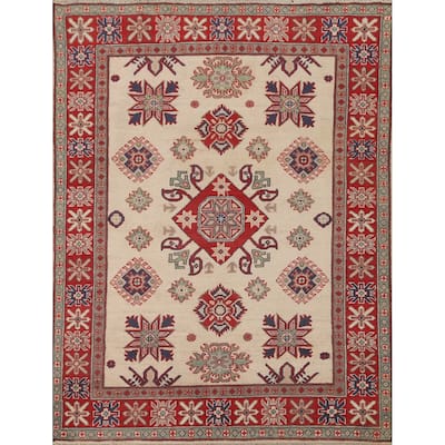Ivory Geometric Kazak Area Rug Hand-Knotted Wool Carpet - 4'10" x 6'5"