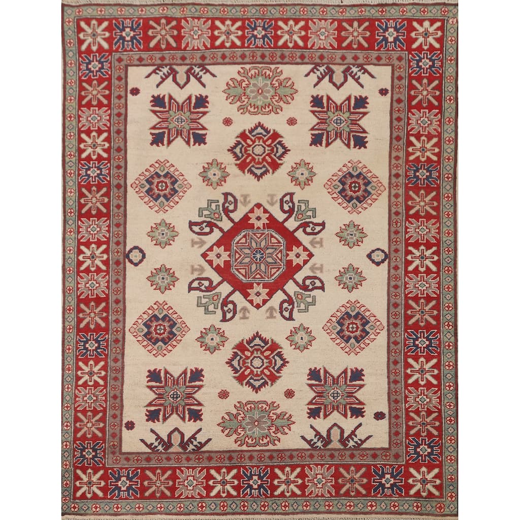 Ivory Geometric Kazak Area Rug Hand-Knotted Wool Carpet - 4'10" x 6'5"