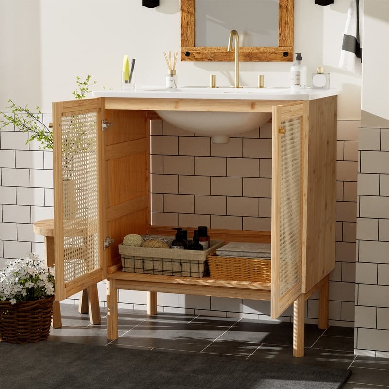 30'' Bathroom Vanity with Ceramic Sink Combo, Freestanding Bathroom Storage Cabinet with 2 Rattan Soft Close Doors