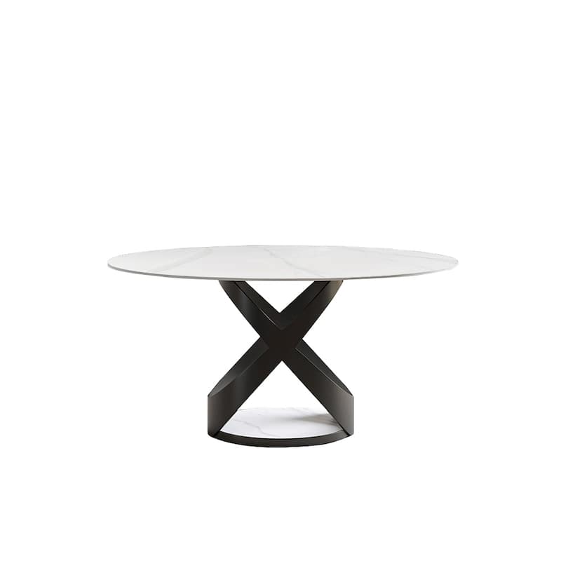 Modern Round White Glossy Dining Table with Sintered Stone Tabletop and Black X Carbon Steel Base