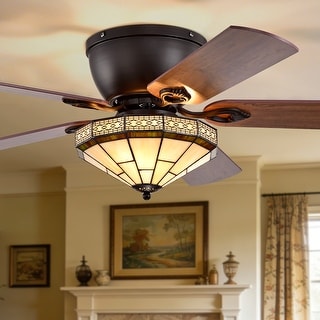 Warehouse of Tiffany Margno 52-Inch Flushmount Lighted Ceiling Fan Jewel Cut Design Tiffany Glass Lamp Black Finish