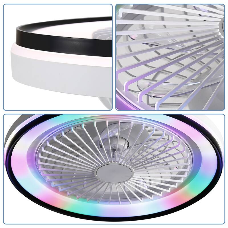 19 Inch RGB Dimmable LED Enclosed Ceiling Fan, Smart Bladeless Flush Mount Ceiling Fan for Bedroom Kids Room, White