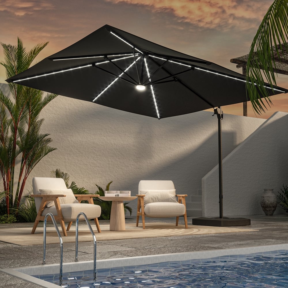 LIVOOSUN Patio10x10FT LED Aluminum Cantilever Umbrella Solution-Dyed Fabric w/Base