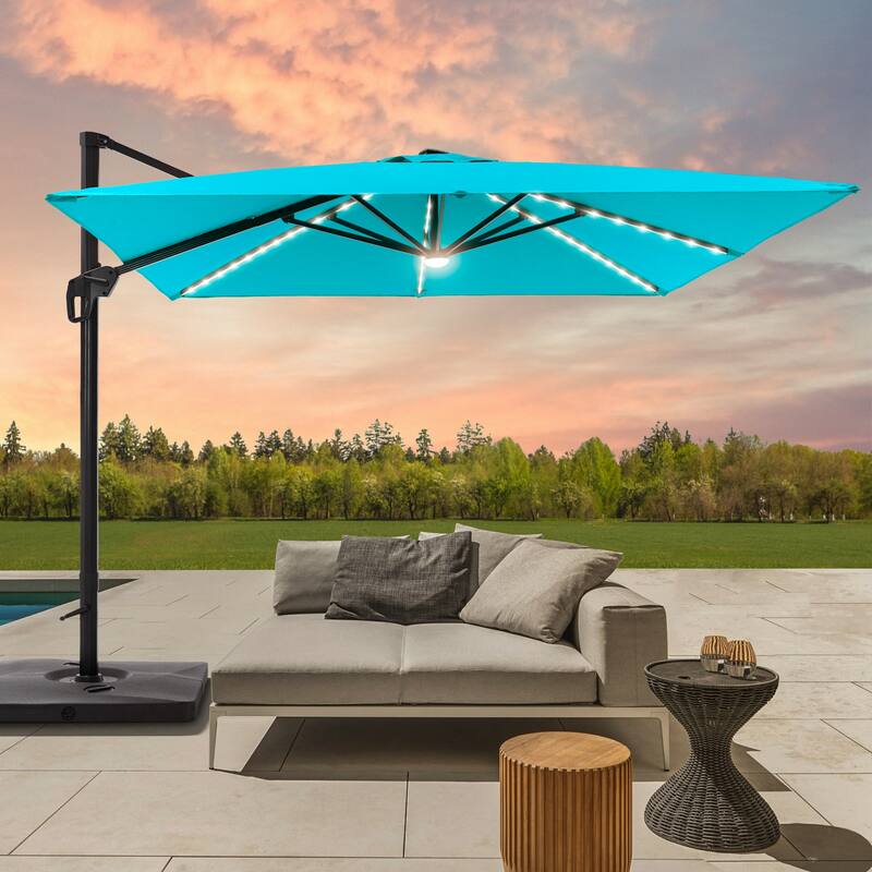 BONOSUKI 10x10FT LED Cantilever Patio Umbrella Angle Adjustment w/Base - Lake Blue