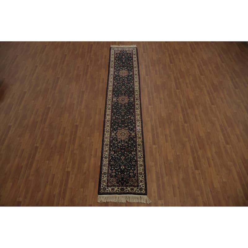 Hand Knotted Oriental 100% Wool Carpet Traditional Floral Navy Blue & Blues Kashan Runner Rug - 13' 10'' X 2' 7''