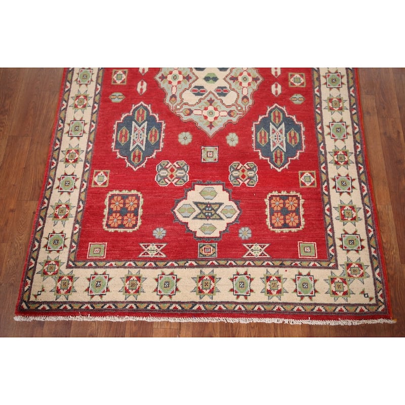 Geometric Red Kazak Accent Rug Hand-Knotted Bedroom Wool Carpet - 3'10" x 5'10"