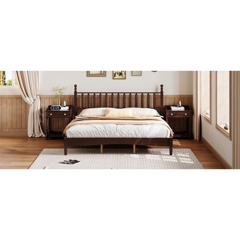 Wood Platform Bed Frame with Gourd Shaped Headboard, Retro Style Low Profile Bed with Wooden Slat Support, No Box Spring Needed