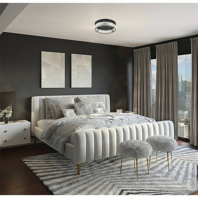 1-Light Satin Black Dimmable LED Flush Mount With Clear Crystals