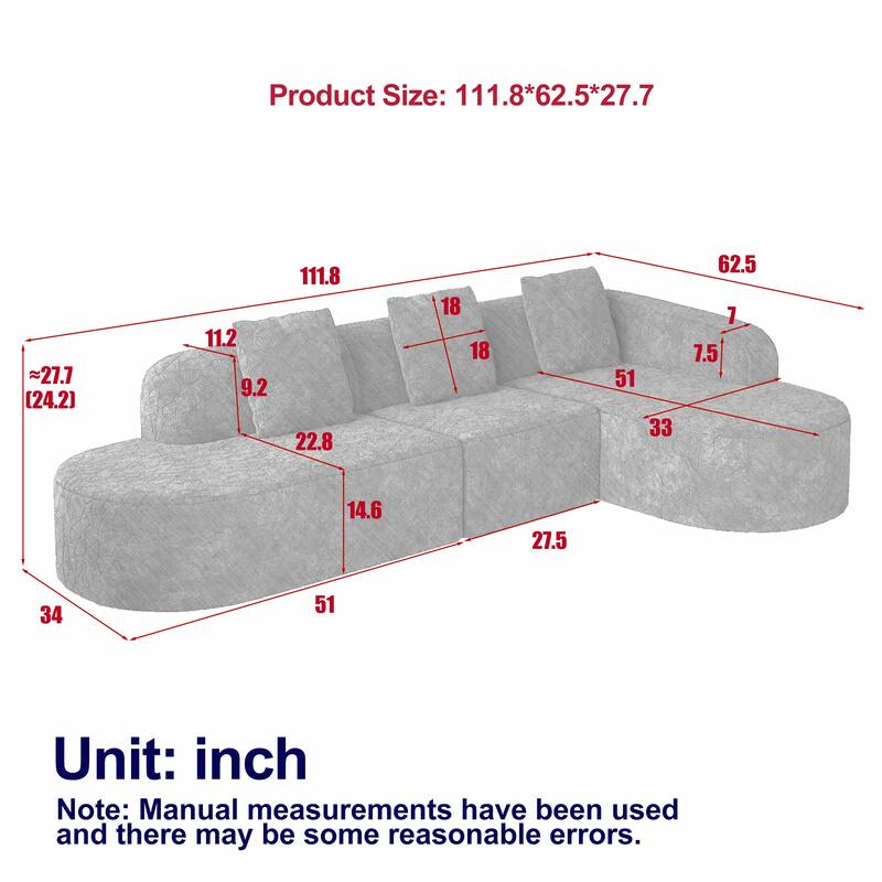 111.8" Curved L-Shaped Modular Sofa with Lychee-Textured Long-Pile Polyester Fabric and 3 Pillows for Living Room