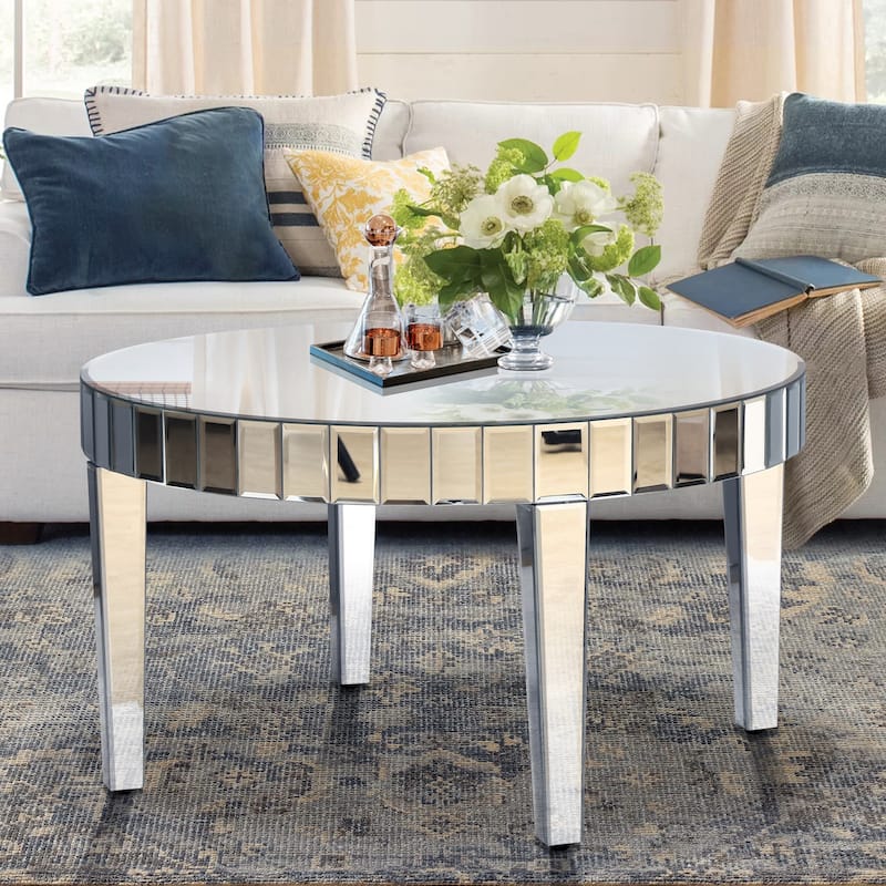 Dazzling Round Coffee Table with Starburst Mirror Mosaic Design, Glass Top for Living Room, Luxury Sofa Center Table
