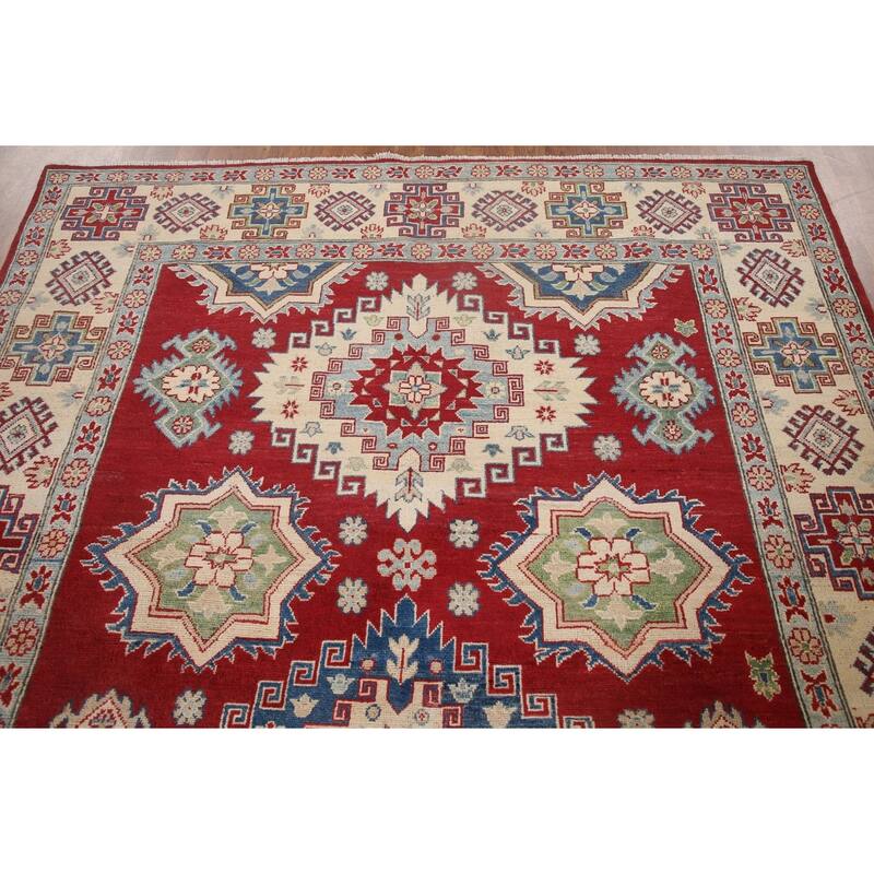 Hand Knotted Oriental 100% Wool Carpet Traditional Geometric Red Kazak Area Rug - 9' 9'' X 6' 7''