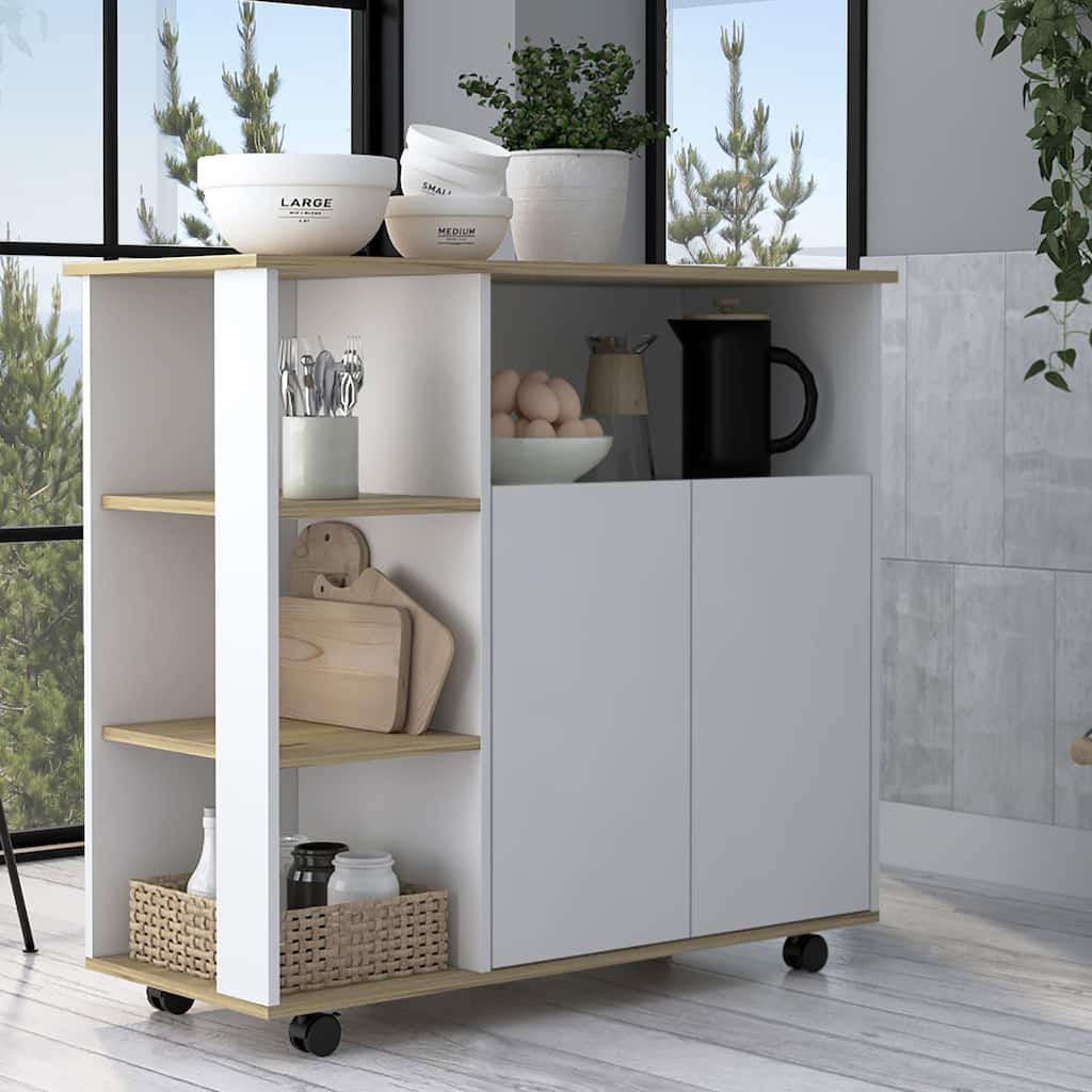 Compact Kitchen Island Kamkacht, Light Oak / White, 1 Cabinet, 4 Shelves, Locking Casters for Stability