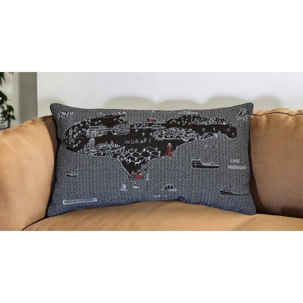 HomeRoots 25" Black Michigan Upper Peninsula Nighttime Skyline Lumbar Decorative Pillow