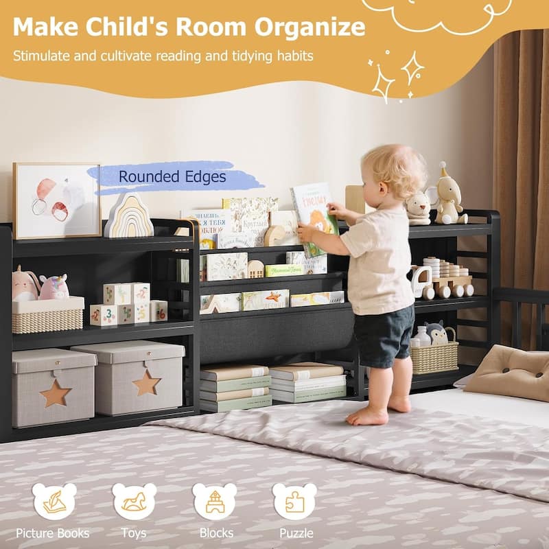 Twin Floor Bed for Kids with High Fence Door Storage Bookcase & Shelf