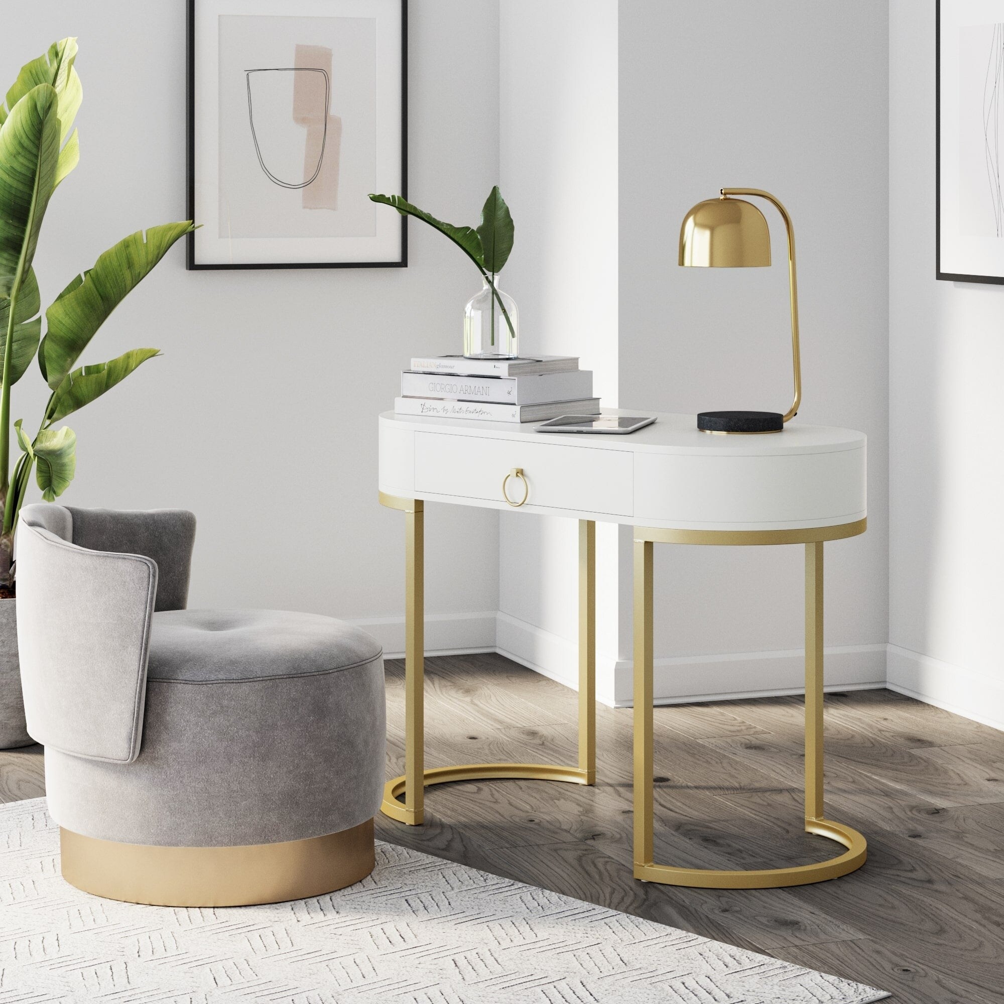 Nathan James Leighton Small Oval Desk with Glam Brass Accents Vanity or Writing Desk for Home Office White Gold