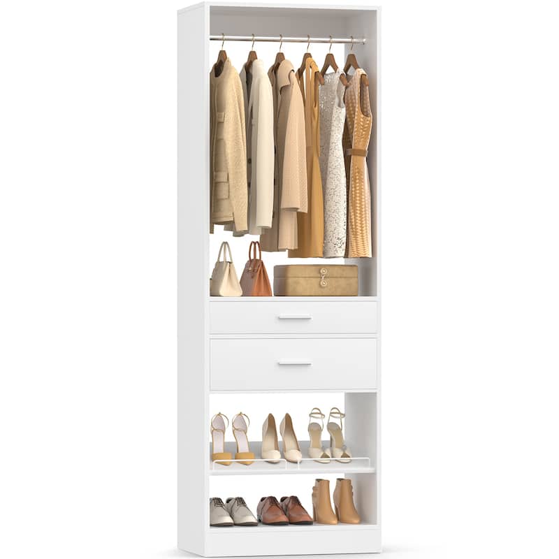 25'' W Freestanding Closet System with 2 Wooden Drawers and Adjustable Shoes Rack and Hanging Rod,Walk-in Closet Organizer - White - Set of 1