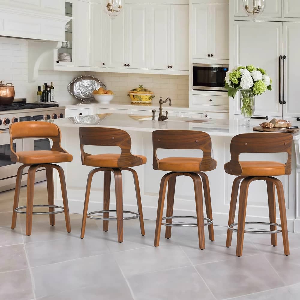 26.in Modern Set of 4 Leather Bar Stool Swivel Upholstered Hollow Back Counter Height Barstool with Wood Frame